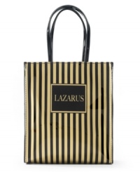 Gobble up this tidbit: executives of Lazarus Department Store successfully lobbied President Franklin Roosevelt to move Thanksgiving to the fourth Thursday in November to gain more shopping days before Christmas. This striped lunch tote proudly displays the store logo and makes a great gift for anyone who knew and loved the Ohio landmark. Gobble up this tidbit: executives of Lazarus Department Store successfully lobbied President Franklin Roosevelt to move Thanksgiving to the fourth Thursday in November to gain more shopping days before Christmas. This striped lunch tote proudly displays the store logo and makes a great gift for anyone who knew and loved the Ohio landmark.