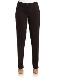 THE LOOKNarrow waistband with button closureFront zipperFlat-front styleUnfinished hemTHE FITRise, about 13Inseam, about 32½THE MATERIAL53% polyester/42% wool/5% elastaneCARE & ORIGINDry cleanMade in Italy THE LOOKNarrow waistband with button closureFront zipperFlat-front styleUnfinished hemTHE FITRise, about 13Inseam, about 32½THE MATERIAL53% polyester/42% wool/5% elastaneCARE & ORIGINDry cleanMade in Italy
