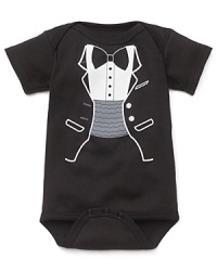 Who says rompers can't be fancy? A short sleeve black romper with tuxedo graphic printed on front. Who says rompers can't be fancy? A short sleeve black romper with tuxedo graphic printed on front.