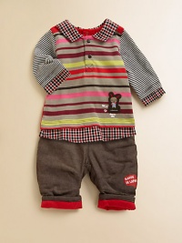 This handsome set for baby comes with a striped polo shirt with back snaps and matching, red-lined pants with logo detail. Shirt Pointed collarLong sleevesBack snapsShirttail hem Pants Elastic waistPatch pocketShirt: cottonPants: polyesterMachine wash or dry cleanMade in France of imported fabric Please note: Number of snaps may vary depending on size ordered. This handsome set for baby comes with a striped polo shirt with back snaps and matching, red-lined pants with logo detail. Shirt Pointed collarLong sleevesBack snapsShirttail hem Pants Elastic waistPatch pocketShirt: cottonPants: polyesterMachine wash or dry cleanMade in France of imported fabric Please note: Number of snaps may vary depending on size ordered.
