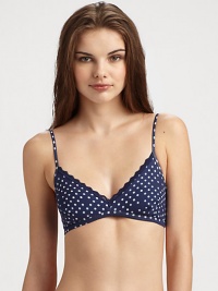 Classic triangle shape with attractive polka dot pattern and sweet lace trim, provides comfort and lift without a restrictive underwire.Adjustable shoulder straps V-neck with lace trim Lined cups Back double hook-and-eye closure 95% cotton/5% elastane Hand wash Made in Italy