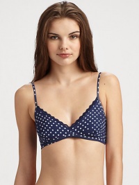 Classic triangle shape with attractive polka dot pattern and sweet lace trim, provides comfort and lift without a restrictive underwire.Adjustable shoulder straps V-neck with lace trim Lined cups Back double hook-and-eye closure 95% cotton/5% elastane Hand wash Made in Italy Classic triangle shape with attractive polka dot pattern and sweet lace trim, provides comfort and lift without a restrictive underwire.Adjustable shoulder straps V-neck with lace trim Lined cups Back double hook-and-eye closure 95% cotton/5% elastane Hand wash Made in Italy