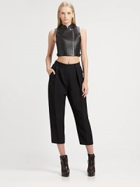 An elegant rendering of city style, these pleated pants have a tapered silhouette and belted back detail. Tab closureZip flyFront slash pocketsBack snap closures; besom pocketsRise, about 14Inseam, about 22Overlapping back panelAbout 16 from natural waistWool/viscoseDry cleanImported of Italian fabricSIZE & FITModel shown is 5'10 (177cm) wearing US size 4. An elegant rendering of city style, these pleated pants have a tapered silhouette and belted back detail. Tab closureZip flyFront slash pocketsBack snap closures; besom pocketsRise, about 14Inseam, about 22Overlapping back panelAbout 16 from natural waistWool/viscoseDry cleanImported of Italian fabricSIZE & FITModel shown is 5'10 (177cm) wearing US size 4.