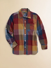 Rustic style gets a sophisticated edge in this multicolored button-down with an oversized check pattern.Point collarLong roll-tab sleeves with button cuffsFront button placketFront patch pocketCurved hemMachine washImported Rustic style gets a sophisticated edge in this multicolored button-down with an oversized check pattern.Point collarLong roll-tab sleeves with button cuffsFront button placketFront patch pocketCurved hemMachine washImported