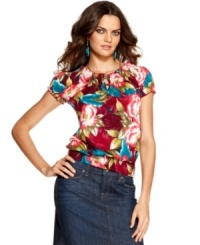 This easy printed top from Lucky Brand Jeans features a smocked scoop neckline you can wear off the shoulders, too! The floral print is a girly way to greet warmer days. This easy printed top from Lucky Brand Jeans features a smocked scoop neckline you can wear off the shoulders, too! The floral print is a girly way to greet warmer days.