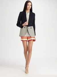 A crisp seersucker bottom panel adds a modern, graphic twist to a classic, double-breasted silhouette.Peaked lapelsDouble-breasted button frontSeersucker bottom panelFully linedAbout 27 from shoulder to hemBody: woolBottom panel: cottonDry cleanMade in Italy of imported fabricModel shown is 5'11 (180cm) wearing US size 4. A crisp seersucker bottom panel adds a modern, graphic twist to a classic, double-breasted silhouette.Peaked lapelsDouble-breasted button frontSeersucker bottom panelFully linedAbout 27 from shoulder to hemBody: woolBottom panel: cottonDry cleanMade in Italy of imported fabricModel shown is 5'11 (180cm) wearing US size 4.