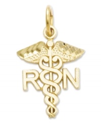Honor your favorite nurse with this symbolic charm. Crafted in 14k gold, charm features a polished design with the letters RN. Chain not included. Approximate length: 4/5 inch. Approximate width: 1/2 inch. Honor your favorite nurse with this symbolic charm. Crafted in 14k gold, charm features a polished design with the letters RN. Chain not included. Approximate length: 4/5 inch. Approximate width: 1/2 inch.