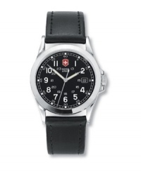 The essential classic watch from Victorinox Swiss Army. Black leather strap with tonal stitching and stainless steel case with screw-in case back. Black dial with logo, date window and luminous hands. Mineral crystal. Analog quartz movement. Water resistant to 330 feet. Three-year limited warranty.