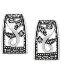 A beautiful pattern develops on these J-shaped hoop earrings from Genevieve & Grace. Set in sterling silver, the pair features a filigree design with marcasite for a visually appealing look. Approximate size: 5/8 by 7/8 inch. A beautiful pattern develops on these J-shaped hoop earrings from Genevieve & Grace. Set in sterling silver, the pair features a filigree design with marcasite for a visually appealing look. Approximate size: 5/8 by 7/8 inch.