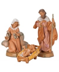 The centerpiece of the Nativity, these Holy Family figurines are the perfect set to start a treasured tradition. Mary and Joseph sit beside the newborn Jesus as he rests in a cradle lined with hay. The centerpiece of the Nativity, these Holy Family figurines are the perfect set to start a treasured tradition. Mary and Joseph sit beside the newborn Jesus as he rests in a cradle lined with hay.