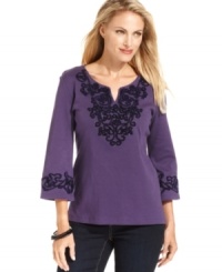 Beautiful braided trim and sparkling rhinestones give JM Collection's petite tunic an exotic, appealing look. Beautiful braided trim and sparkling rhinestones give JM Collection's petite tunic an exotic, appealing look.