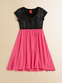 Two-tone confection has a satin bodice and pleated A-line skirt that's suitable for any fashionista. RoundneckCap sleevesPleated waistbandA-line skirtBody: 47% micro modal/47% supima cotton/6% spandexTrim: 96% rayon/4% spandexHand washImported Two-tone confection has a satin bodice and pleated A-line skirt that's suitable for any fashionista. RoundneckCap sleevesPleated waistbandA-line skirtBody: 47% micro modal/47% supima cotton/6% spandexTrim: 96% rayon/4% spandexHand washImported