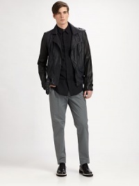 Take a clean break away from the basic flat-front silhouette and transition to this modern update on a pleated trouser, slightly cropped and shaped in smooth, soft cotton.Pleated frontZip flySide slash, back welt pocketsInseam, about 2844% cotton/42% polyester/14% nylonDry cleanImported Take a clean break away from the basic flat-front silhouette and transition to this modern update on a pleated trouser, slightly cropped and shaped in smooth, soft cotton.Pleated frontZip flySide slash, back welt pocketsInseam, about 2844% cotton/42% polyester/14% nylonDry cleanImported