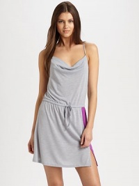 An easy-to-wear colorblocked design, with a drawstring waist for a comfortable and figure-flattering fit. Cowl neckThin spaghetti strapsDropped waist with drawstring tieRacerbackAbout 35 long70% polyester/30% rayonMachine washImported An easy-to-wear colorblocked design, with a drawstring waist for a comfortable and figure-flattering fit. Cowl neckThin spaghetti strapsDropped waist with drawstring tieRacerbackAbout 35 long70% polyester/30% rayonMachine washImported