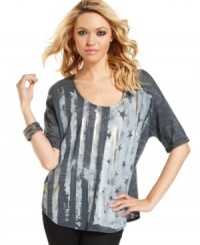 Pledge your allegiance to awesome street style in a tee that sports metallic accents and a patriotic graphic! From Belle Du Jour. Pledge your allegiance to awesome street style in a tee that sports metallic accents and a patriotic graphic! From Belle Du Jour.
