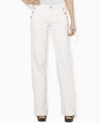 Eagle-embossed buttons add nautical panache to these wide-leg twill pants from Lauren Jeans Co. Eagle-embossed buttons add nautical panache to these wide-leg twill pants from Lauren Jeans Co.