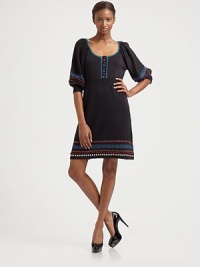 Embroidery and beads lends a hint of boho-chic to this soft cotton shift.ScoopneckGathered sleevesRibbed empire waistPullover styleAbout 21 from natural waistCottonDry cleanImported Embroidery and beads lends a hint of boho-chic to this soft cotton shift.ScoopneckGathered sleevesRibbed empire waistPullover styleAbout 21 from natural waistCottonDry cleanImported