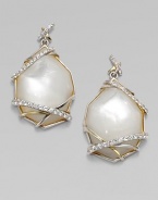 An organically-shaped mother-of-pearl set in sleek sterling silver with white sapphire and 18k gold accents. Mother-of-pearlWhite sapphireSterling silver18k goldDrop, about 1¼Post backImported 