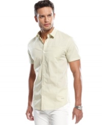 A classic pattern gets a modern look with this short-sleeved shirt from Calvin Klein. A classic pattern gets a modern look with this short-sleeved shirt from Calvin Klein.