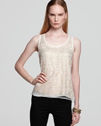 Bring luxe texture to your look with Aqua's metallic lace tank--a simple yet statement-making addition to your wardrobe. Bring luxe texture to your look with Aqua's metallic lace tank--a simple yet statement-making addition to your wardrobe.