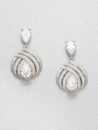 A shapely drop offers three cruved rows of pavé dazzle with a faceted teardrop centerpiece and top.Cubic zirconiaCrystalRhodium platingLength, about 1Post backImported A shapely drop offers three cruved rows of pavé dazzle with a faceted teardrop centerpiece and top.Cubic zirconiaCrystalRhodium platingLength, about 1Post backImported