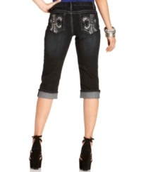 Add these rockstar-inspired jeans to your summer fashion arsenal! Earl Jeans' petite capris make a sleek style statement that's punctuated by rhinestones and embroidered detail at the pockets. Add these rockstar-inspired jeans to your summer fashion arsenal! Earl Jeans' petite capris make a sleek style statement that's punctuated by rhinestones and embroidered detail at the pockets.