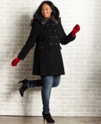 Salute the cold weather season in style with American Rag's double-breasted plus size coat, finished by a faux fur collar. Salute the cold weather season in style with American Rag's double-breasted plus size coat, finished by a faux fur collar.