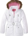 Dollhouse Girls Fleece Lined Hooded Long Bubble Jacket with Belt - White (Size 7/8)