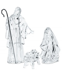 An elegant setting simply on their own, these three figurines sparkle upon a mantle or table as Mary kneels beside Baby Jesus resting in a cradle and the proud father stands tall with a cane in tow. An elegant setting simply on their own, these three figurines sparkle upon a mantle or table as Mary kneels beside Baby Jesus resting in a cradle and the proud father stands tall with a cane in tow.