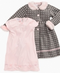 Adorable and lovely is this matching coat and dress set from Blueberi Blvd. She'll enjoy this sweet style dress with its cute bow at front and embroidery detail at bottom. The accompanying contrast polka dot patterned coat with faux fur trim complements the overall classic style. Adorable and lovely is this matching coat and dress set from Blueberi Blvd. She'll enjoy this sweet style dress with its cute bow at front and embroidery detail at bottom. The accompanying contrast polka dot patterned coat with faux fur trim complements the overall classic style.
