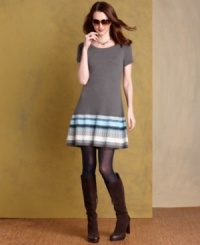 Fall forward in Tommy Hilfiger's A-line sweater dress, featuring a chic silhouette and an iconic Fair Isle pattern. Fall forward in Tommy Hilfiger's A-line sweater dress, featuring a chic silhouette and an iconic Fair Isle pattern.