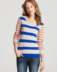 Contribute color to your winter wardrobe in the form of brightly bold stripes on this Jamison sweater, constructed in a cozy wool-cashmere knit. Contribute color to your winter wardrobe in the form of brightly bold stripes on this Jamison sweater, constructed in a cozy wool-cashmere knit.