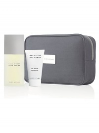 L'Eau d'Issey Pour Homme, with a three piece gift set featuring a 4.2 oz. Eau de Toilette Spray, a 2.5 oz. Shower Gel and a handsome limited edition travel case. L'Eau d'Issey Pour Homme, with a three piece gift set featuring a 4.2 oz. Eau de Toilette Spray, a 2.5 oz. Shower Gel and a handsome limited edition travel case.