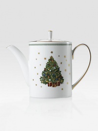 A festive Christmas tree surrounded by golden stars adorns this charming holiday teapot of fine bone china edged in 24k gold with a graceful laurel leaf border.Bone china9 diameter X 5HHand washImported A festive Christmas tree surrounded by golden stars adorns this charming holiday teapot of fine bone china edged in 24k gold with a graceful laurel leaf border.Bone china9 diameter X 5HHand washImported