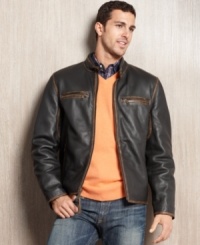 He's got the look. Get cool style that catches everyone's eye in this leather moto jacket from Marc New York. He's got the look. Get cool style that catches everyone's eye in this leather moto jacket from Marc New York.