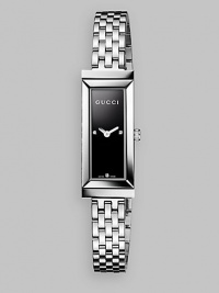 From the G-Frame Collection. A simple rectangular case with triple diamond accents for a purely understated style.Quartz movement Water resistant to 3 ATM Rectangular stainless steel case, 34mm x 14mm (1.33 x .55) Black lacquered dial Diamonds at 3, 6, and 9 o'clock Stainless steel bracelet Deployment buckle Made in Switzerland 