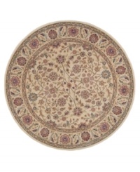 Inspired by the lyrical beauty of ancient Persian carpets, this round rug features a field of flowers entwined in a curvilinear design with a warm palette of pumpkin, mauve and moss green against a soft beige ground. Woven of premium Opulon™ yarns to create a lavish pile with a rich, color-enhancing finish. Inspired by the lyrical beauty of ancient Persian carpets, this round rug features a field of flowers entwined in a curvilinear design with a warm palette of pumpkin, mauve and moss green against a soft beige ground. Woven of premium Opulon™ yarns to create a lavish pile with a rich, color-enhancing finish.