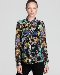Slim black trousers let Sachin + Babi's floral blouse take center stage. The painterly print and dramatic pleating make this top a stylish signature piece. Slim black trousers let Sachin + Babi's floral blouse take center stage. The painterly print and dramatic pleating make this top a stylish signature piece.