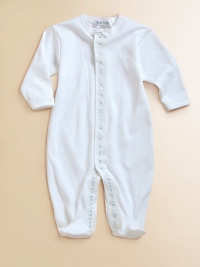 The softest cotton one-piece, with attached feet and charming blue dot trim.Snap closuresLong sleevesPicot edgingMachine washCottonImported The softest cotton one-piece, with attached feet and charming blue dot trim.Snap closuresLong sleevesPicot edgingMachine washCottonImported
