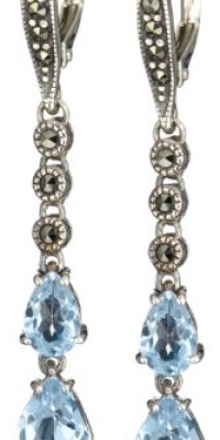 Judith Jack Sterling Silver with Marcasite and Blue Topaz Dbl Drop Earrings