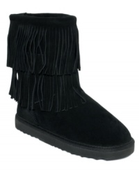 A double layer of fringe adds maximum movement to American Rag's Pocha Fringe booties, while the faux-fur lining adds an extra layer of cushy coziness. A double layer of fringe adds maximum movement to American Rag's Pocha Fringe booties, while the faux-fur lining adds an extra layer of cushy coziness.