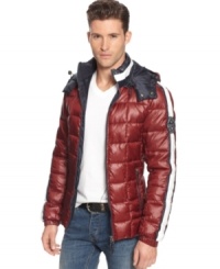 A puffer gets the designer treatment: Armani Jeans cuts a zip up jacket that follows the body, adding a removable hood and box-quilted construction for extra warmth. A puffer gets the designer treatment: Armani Jeans cuts a zip up jacket that follows the body, adding a removable hood and box-quilted construction for extra warmth.