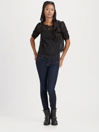 Feminine, semi-sheer lace boatneck with frayed details and uniquely scalloped hem. Frayed boatneckThree-quarter sleevesFrayed cuffsScalloped, frayed hemBack keyhole closure58% nylon/42% cottonDry cleanImported Feminine, semi-sheer lace boatneck with frayed details and uniquely scalloped hem. Frayed boatneckThree-quarter sleevesFrayed cuffsScalloped, frayed hemBack keyhole closure58% nylon/42% cottonDry cleanImported