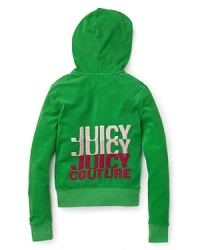 A dare-to-be vibrant zip-front hoodie from Juicy Couture with a bold JUICY triple threat logo print on back. A dare-to-be vibrant zip-front hoodie from Juicy Couture with a bold JUICY triple threat logo print on back.