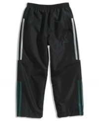 As your little boy demonstrates his vortex of energy, the elastic waistband will hold these roomy adidas pants in place. As your little boy demonstrates his vortex of energy, the elastic waistband will hold these roomy adidas pants in place.