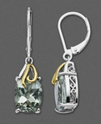 Add a little color to your ensemble with cushion-cut green quartz (5-1/2 ct. t.w.). Setting is made of intricate filigree sterling silver with 14k gold accents. Approximate drop: 1/2 inch.