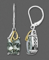 Add a little color to your ensemble with cushion-cut green quartz (5-1/2 ct. t.w.). Setting is made of intricate filigree sterling silver with 14k gold accents. Approximate drop: 1/2 inch. Add a little color to your ensemble with cushion-cut green quartz (5-1/2 ct. t.w.). Setting is made of intricate filigree sterling silver with 14k gold accents. Approximate drop: 1/2 inch.