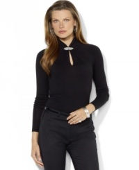 A luxurious blend of silk and cotton yarns forms the foundation of Lauren Ralph Lauren's elegant keyhole sweater, crafted with a chic gathered neckline and accented with glistening embroidery A luxurious blend of silk and cotton yarns forms the foundation of Lauren Ralph Lauren's elegant keyhole sweater, crafted with a chic gathered neckline and accented with glistening embroidery