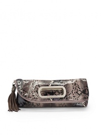 THE LOOKSnakeskin-print leather bodyCurved top zip closure with fringe pullLogo-embossed metal handlesFront leather logo detailOne inside zip pocketTwo inside open pocketsInside logo detailTHE MEASUREMENT12W X 9H X ¼DTHE MATERIALLeatherPolyester trimORIGINImported THE LOOKSnakeskin-print leather bodyCurved top zip closure with fringe pullLogo-embossed metal handlesFront leather logo detailOne inside zip pocketTwo inside open pocketsInside logo detailTHE MEASUREMENT12W X 9H X ¼DTHE MATERIALLeatherPolyester trimORIGINImported