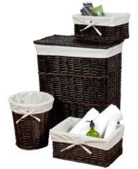 These earthy accents bring organization & understated style into your space to clean up the way you sort and store your laundry, bath-time essentials and more. Including a hamper, waste basket, medium storage basket & large storage basket, this set features a stunning handcrafted walnut willow construction. These earthy accents bring organization & understated style into your space to clean up the way you sort and store your laundry, bath-time essentials and more. Including a hamper, waste basket, medium storage basket & large storage basket, this set features a stunning handcrafted walnut willow construction.